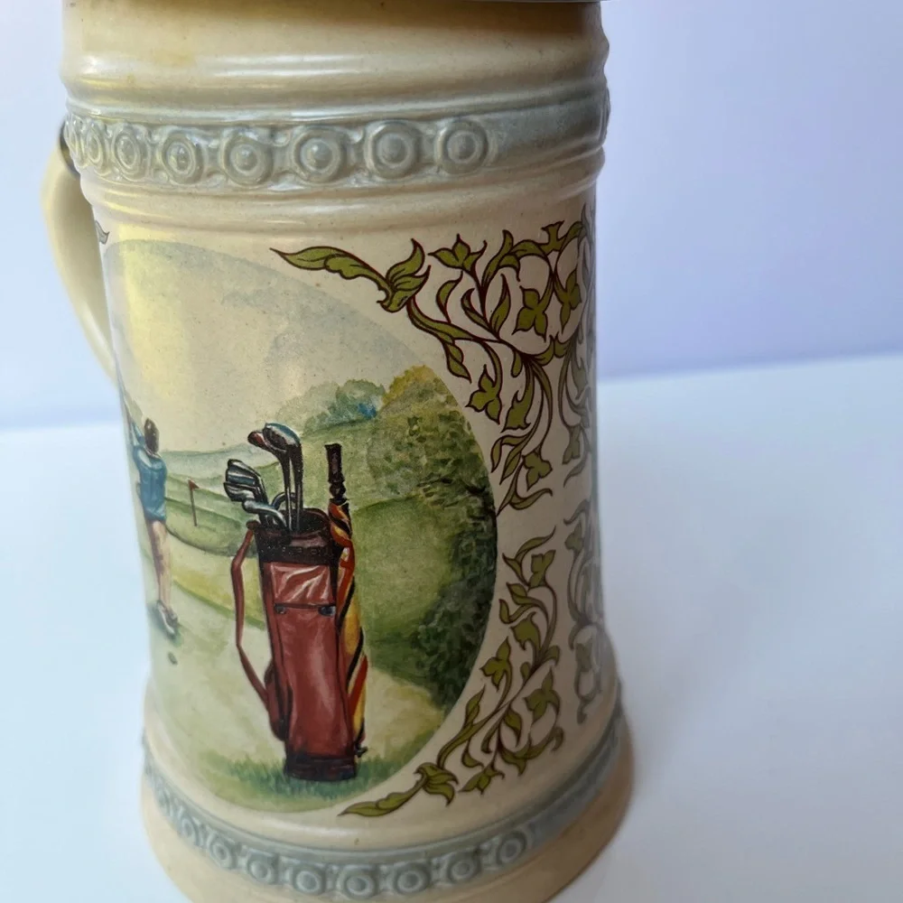 Vintage Ceramic German Beer Stein with Golf Scene and Pewter lid
